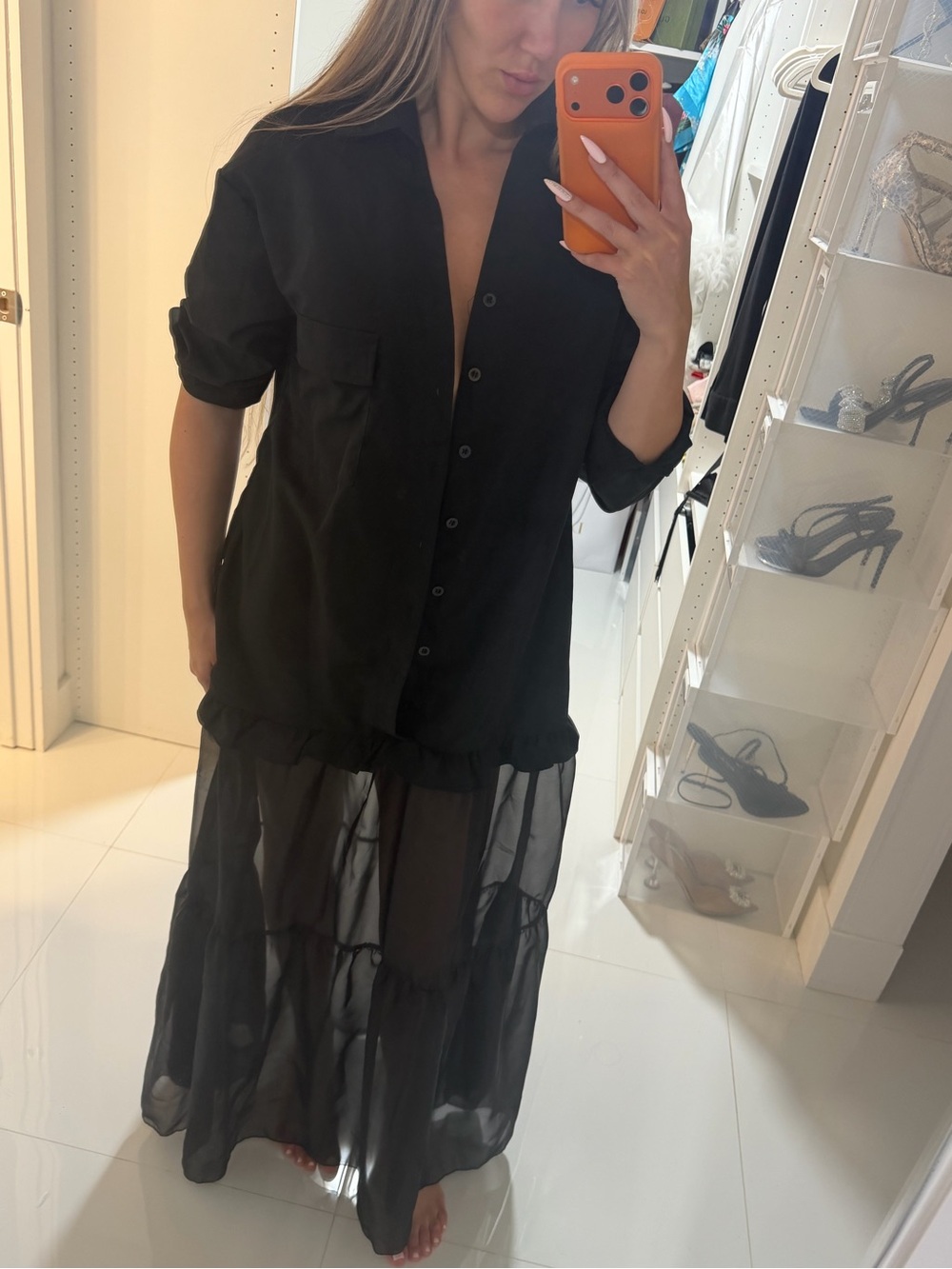 Black Sheer Tiered Shirt Dress